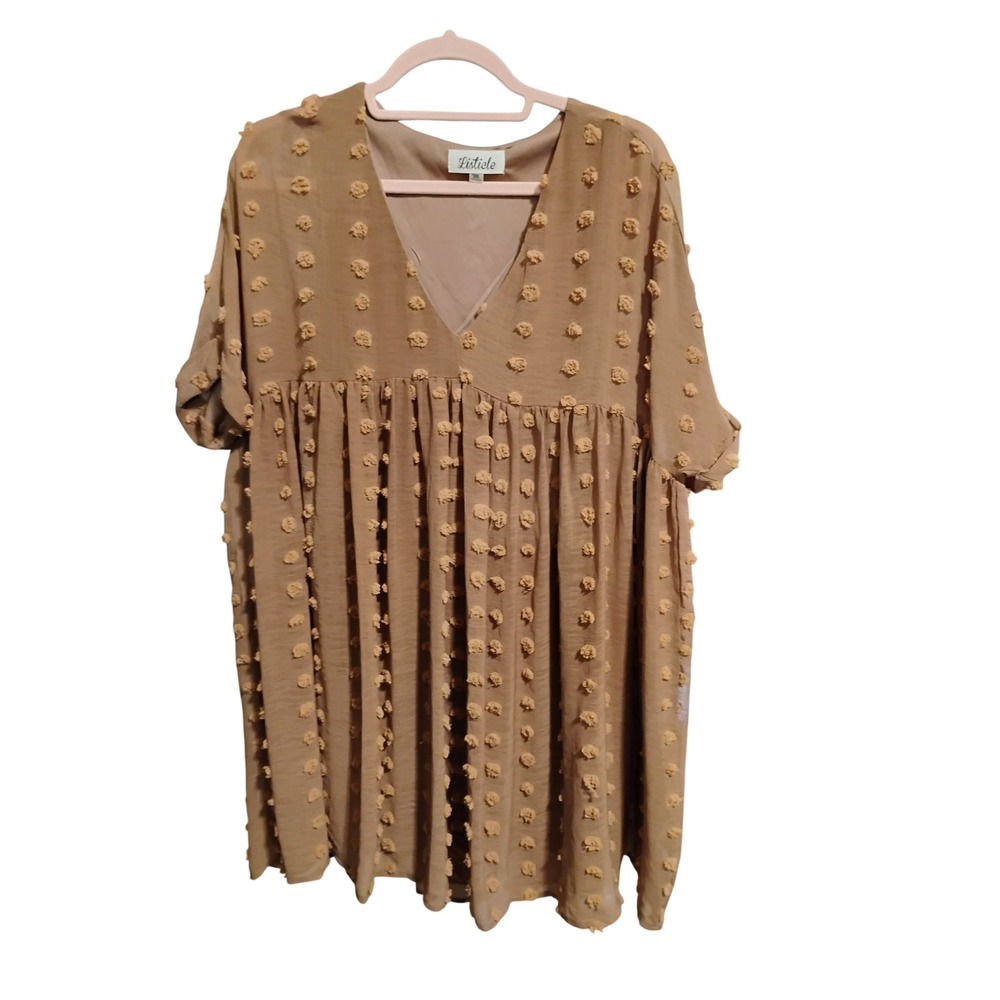 Listicle Womens Dress Medium Tan Pom Pom Bohemian V Neck Short Sleeve